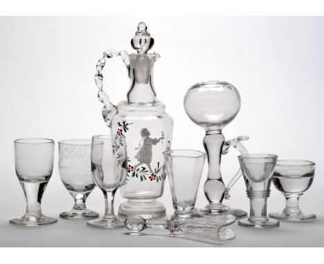 Engraved glass posy holder, flattened fan shaped body, 19th Century, length 13.5cms; enamelled painted decanter and stopper, 