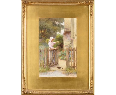 Charles Edward Wilson
(1854-1941)
"AT THE GARDEN GATE" - A YOUNG WOMAN PLAYING WITH A KITTEN
signed
watercolour
26 x 18.5cms;