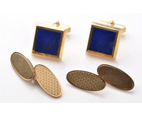 A pair of 9ct. yellow gold cufflinks, each with one plain plaque and one engine turned, 11grms gross; together with a pair of