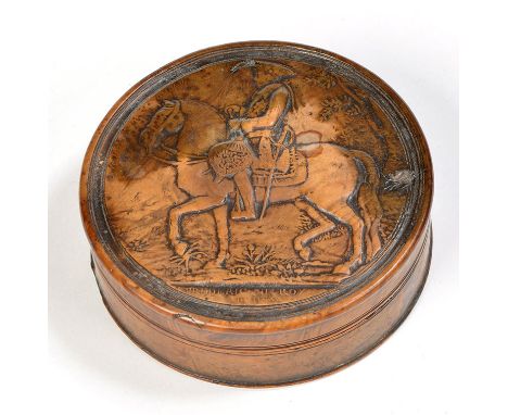 A 19th Century pressed burr wood snuff box, circular, the lid decorated with Frederick The Great on horseback, inscribed Fred