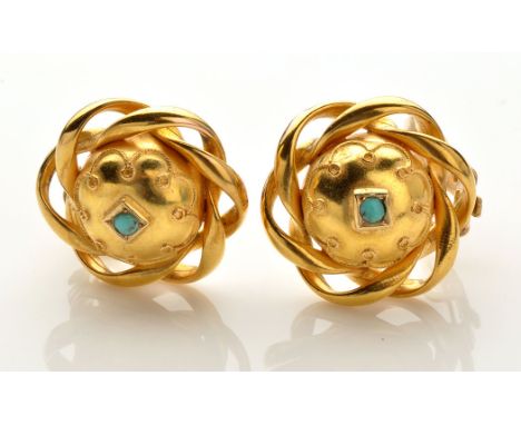 A pair of Victorian style yellow metal and turquoise set ear clips, the central dome set with single turquoise cabochon to ce