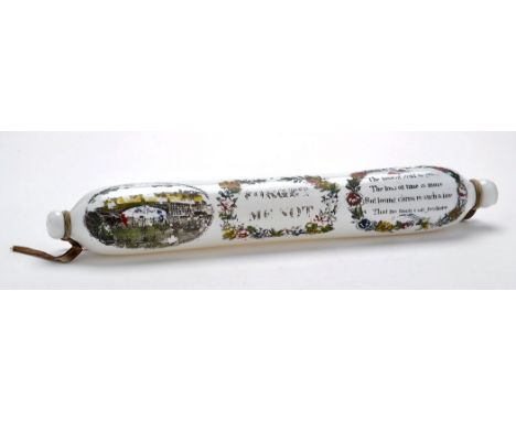 Printed opaque glass rolling pin of North East interest, with the Sunderland Bridge, verse and "Forget Me Not", early 19th Ce