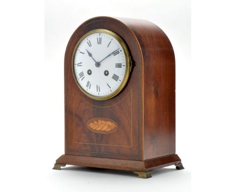 An early 20th Century inlaid mahogany mantel clock, with white enamel roman dial and two train French Mougin movement, 11 1/2