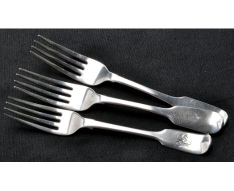 Two Victorian table forks, by James Barber and William North, York 1845, fiddle pattern, engraved crest; and a George IV tabl