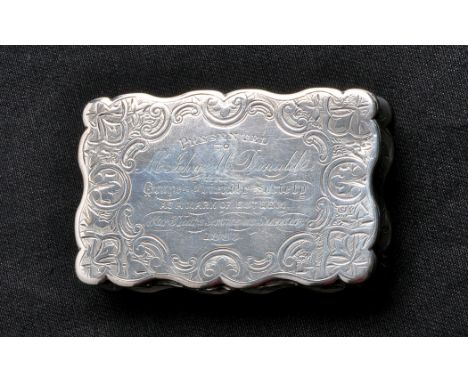 A Victorian silver snuff box, by George Unite, Birmingham 1882, shaped rectangular and engraved inscription "Presented to Mr.