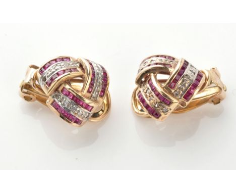 A pair of ruby and diamond knot pattern earrings, set with square facet cut ruby and eight-cut diamonds, the yellow metal mou