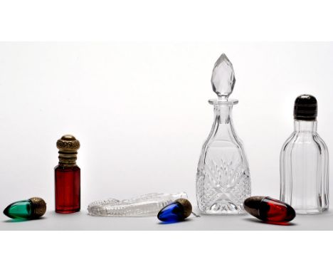 Engraved miniature flask, of probable North East manufacture, length 7.7cms; faceted powder bottle, height 9.3cms; five colou