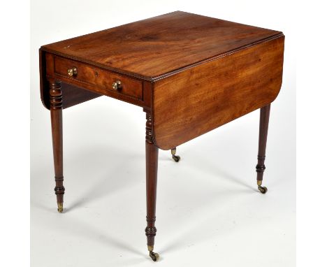 A George IV mahogany Pembroke table, the rounded fall-flaps and rectangular top with reeded edge above single frieze drawer, 