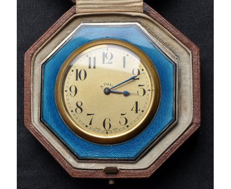 A George V silver blue enamel mounted alarm clock, bears import marks for George Stockwell (Stockwell & Co.), London 1920, in