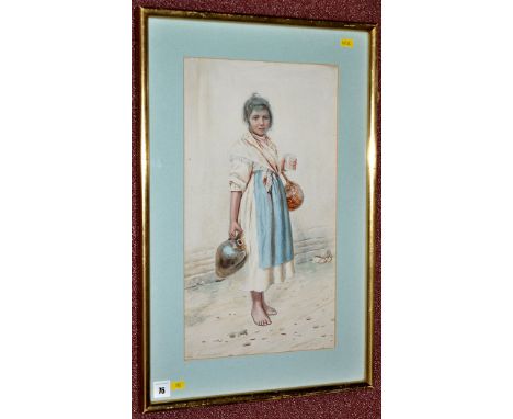 E*** Fiorentino
(Italian 19th Century)
A PORTRAIT OF A NEAPOLITAN GIRL CARRYING A FLASK OF WATER AND A GLASS
signed
watercolo