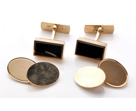 A pair of 9ct. yellow gold cufflinks, each with one plain plaque and one engine turned, 11.8grms gross; together with a pair 