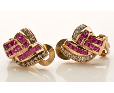 A pair of ruby and diamond ear clips, set with square facet cut rubies and eight-cut diamonds, yellow mount mount stamped '37