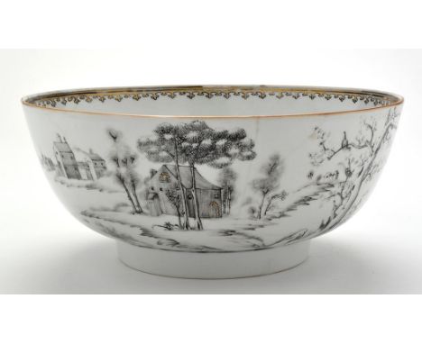 Chinese Grisaille enamel painted bowl, the exterior with birds perched on trees in bud and Dutch 17th Century style landscape