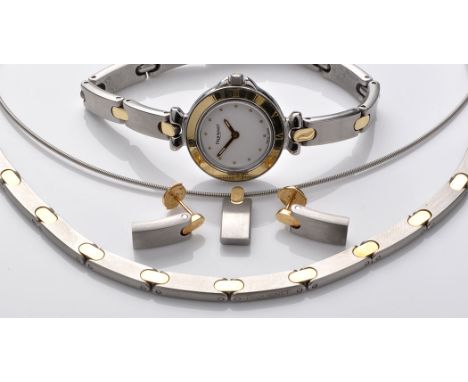 Pequignet: a suite of stainless steel and gilt metal jewellery, to include: a lady's wristwatch with white enamel dot dial, r