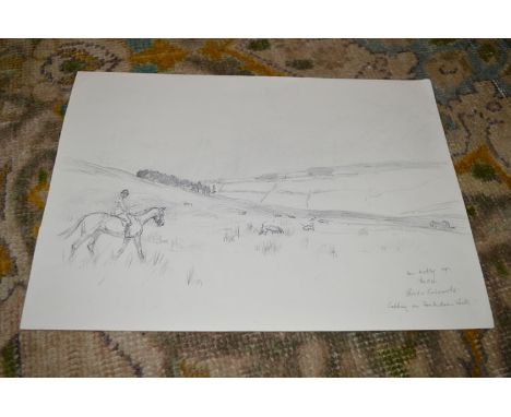Thomas "Tom" Carr
(1912-1977)
"IAN HEDLEY ESQ., M.S.H. BRAES OF DERWENT FOXHOUNDS, CUBBING ON SOUTHDEAN HILL"
inscribed
penci