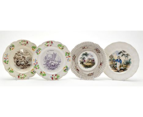 Four pearlware dishes of North East interest: two with enamel painted raised floral borders enclosing printed scenes with chi