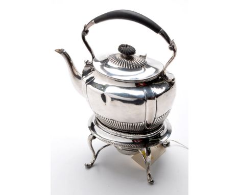 A Victorian tea kettle on stand, by Henry Stratford, Sheffield 1899-1900, of fluted oval form, hinged cover, ebonised canopy 