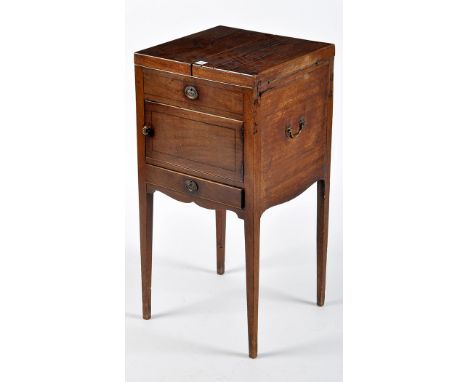 A George III mahogany washstand, the top folding out to reveal cut-out basin and beaker stand (mirror missing), above single 