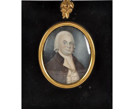 18th Century British School
A MINIATURE BUST PORTRAIT OF A GENTLEMAN WEARING A POWDERED WIG AND A BROWN COAT
inscribed verso 