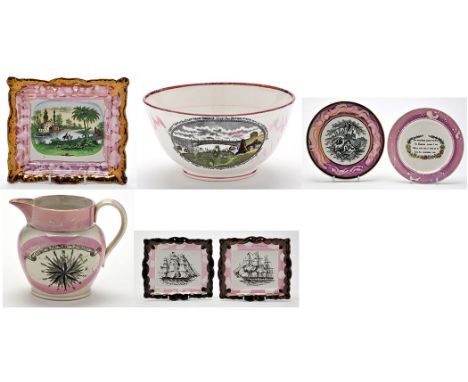 Lustreware bowl, of North East interest, printed with scene of the Iron Bridge, diameter 19.2cms; two Lustreware plaques, dia