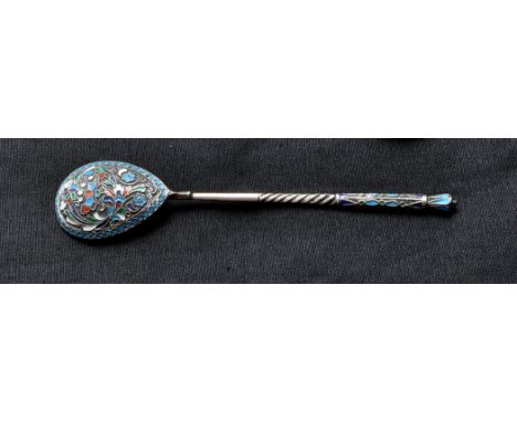 An enamelled Russian 875 standard spoon, probably by Antip Kuzmichev, Moscow, the back of bowl and terminal with polychrome e