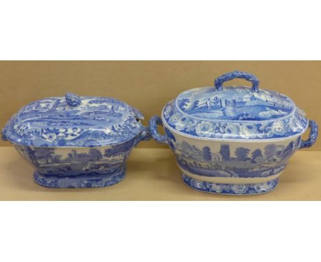 Two large blue and white tureens and covers including Copeland Spode, a/f