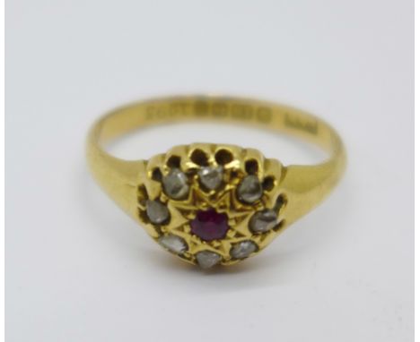 An 18ct gold, diamond and ruby ring, 2.4g, K