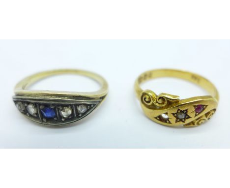 A Victorian 18ct gold ring, lacking one stone and one yellow metal ring set with four old cut diamonds and a sapphire, (3.2g,