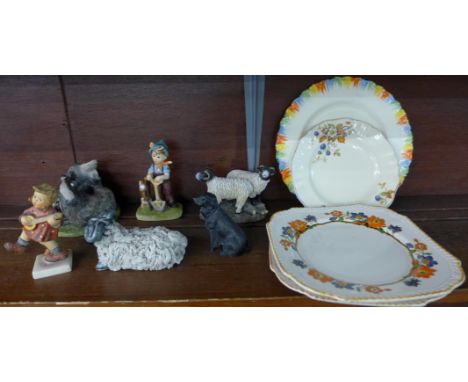 A Border Fine Arts badger figure group, three other animal figures, a Hummel figure, a similar figure and four plates