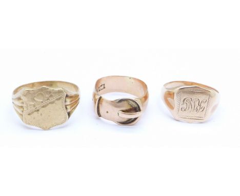 Three 9ct gold rings, 11.8g, K, P and S