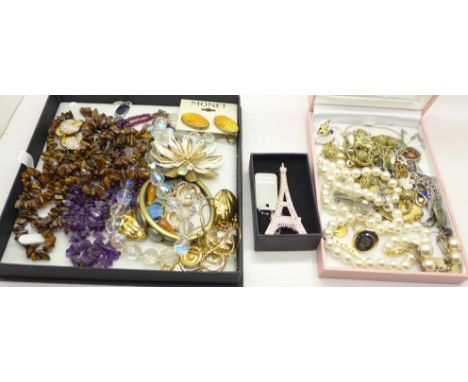 Costume jewellery including tiger's eye and amethyst, Monet earrings, etc.