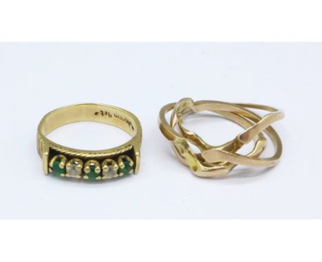 A 9ct gold, green and white stone ring and one other 9ct gold ring, 6.5g, I and K