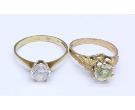 Two 9ct gold and stone set rings, 4.4g, M and P