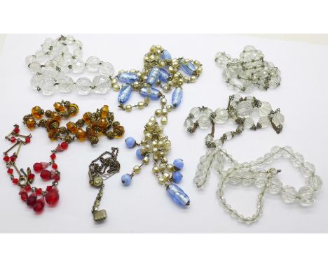 Vintage glass bead necklaces including silver mounted