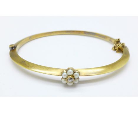 A 15ct gold, pearl and diamond bangle, 6.6g