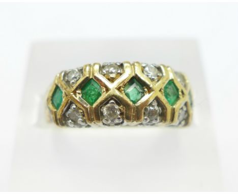 A 9ct gold, emerald and diamond ring, 6.4g, M