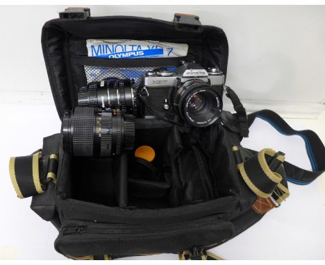 A Minolta XD7 35mm film camera with 50mm 1:1.7 lens, one other lens, 35-70mm 1:3.5 and bag