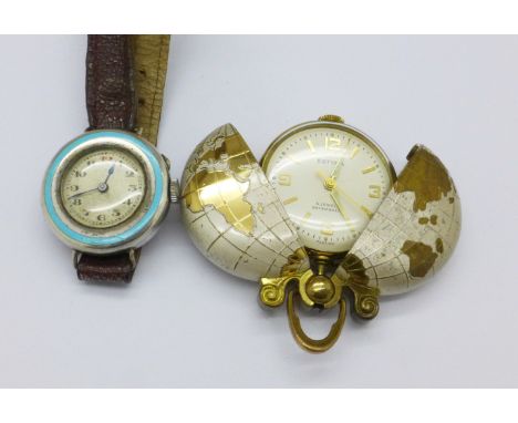 A silver and enamel wristwatch and an Estyma purse watch in the form of a globe