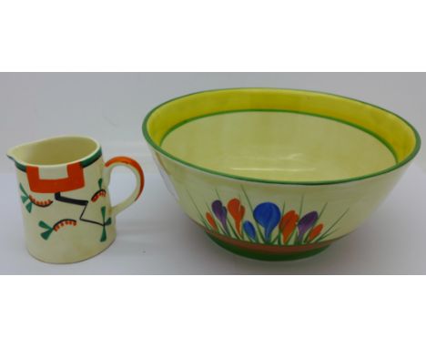 A Clarice Cliff Bizarre Crocus pattern bowl and a Clarice Cliff Bizarre jug