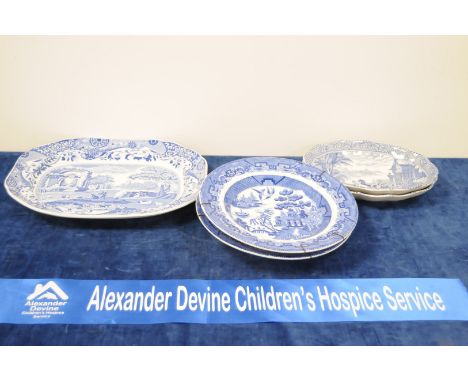 Blue and white ceramics too include Spode platter, 36.5cm, two Arcaian Chariots shaped bowls (one af) and two temple scene bo