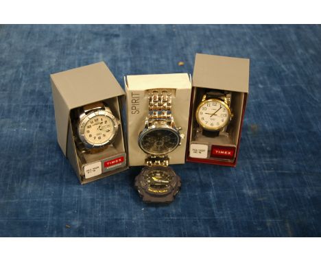 Four gentlemans wristwatches, incculding two Timex Indiglo, A Timex Expedition, Casio G Shock WR200M and another stainless st