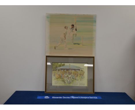 A framed cricket print, together with a cricket watercolour, the largest 54cm x 65cm (2) IMPORTANT! REGARDING CONDITION REPOR