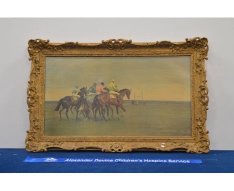 IMPORTANT ANNOUNCEMENT! WE BELIEVE THIS TO BE A PRINT OR OILOGRAPHEnglish 20th century, oil on canvas, horse racing on the be