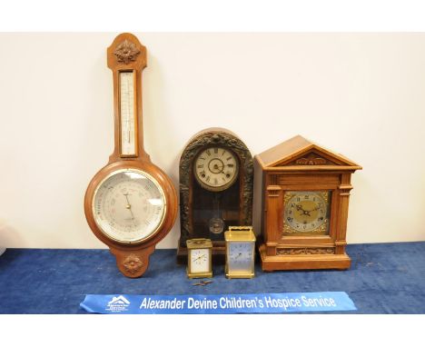 A brass four glass carriage timepiece, bracket plinth, carry handle, white enamel dial, roman numerals, 11cm high, together w