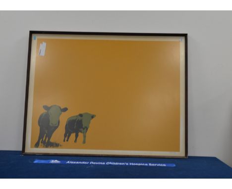 A framed print by Allen, cows to the bottom left on a yellow ground, 78cm x 101cm IMPORTANT! REGARDING CONDITION REPORTS: Ple