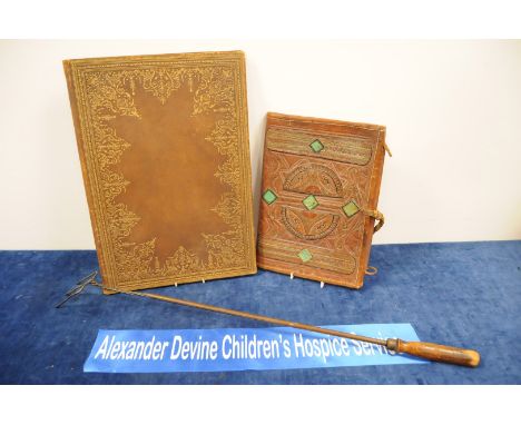 A Victorian long fire toasting fork, together with a tooled leathter blotter and a Morrocan leather attache case (3) IMPORTAN