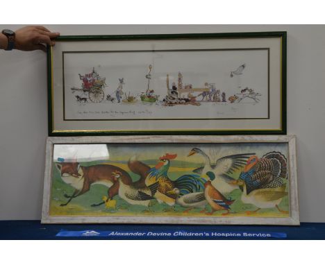 A limited edition print by Minter Kemp,  no. 768/800, together with a print of foxes and other animals, the largest 33cm x 94