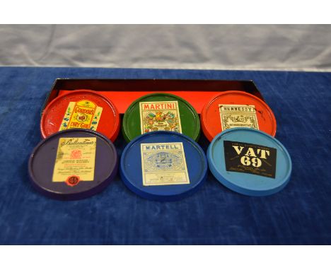 A set of novelty box wood painted coasters, with appiled famous scotch, gin, and others  IMPORTANT! REGARDING CONDITION REPOR