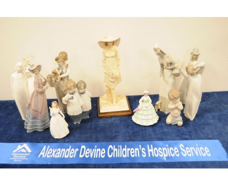 Lladro figurines, including woman with basket of bread and puppy at feet, 27cm high, boy stretching, 21cm high, girl with bas