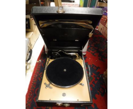 A Decca portable gramophone, a Decca 10 portable gramophone and an HMV plywood cased gramophone, together with a box of recor